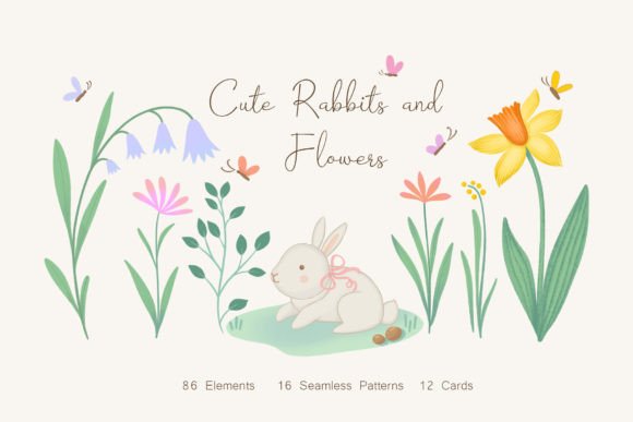 Download Cute Rabbits and Flowers Illustrations - Flowers Collection